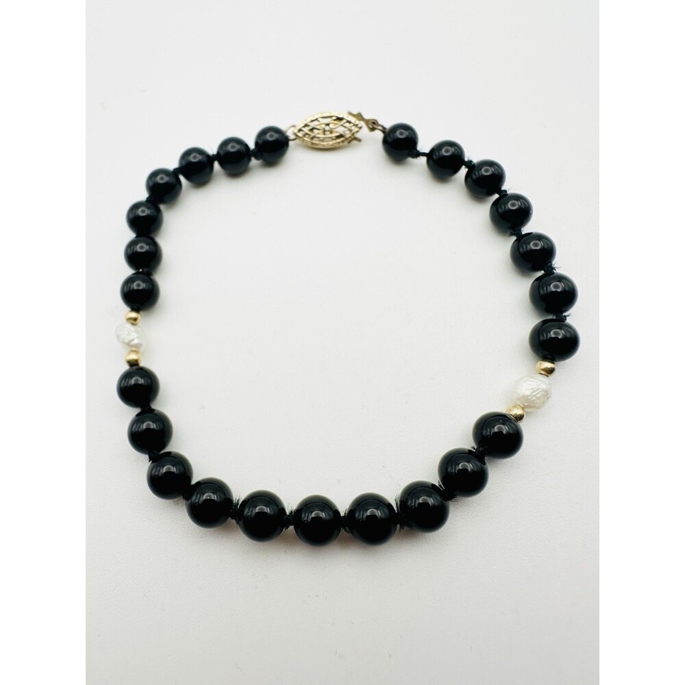 Black Onyx Freshwater Pearl Bracelet 14k Gold Filled Clasp 8”